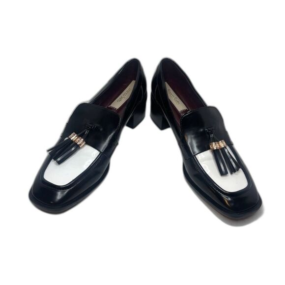 Franco Sarto Donna Patent Leather Black White Womens Heeled Loafers Shoes Tassle - Picture 5 of 11